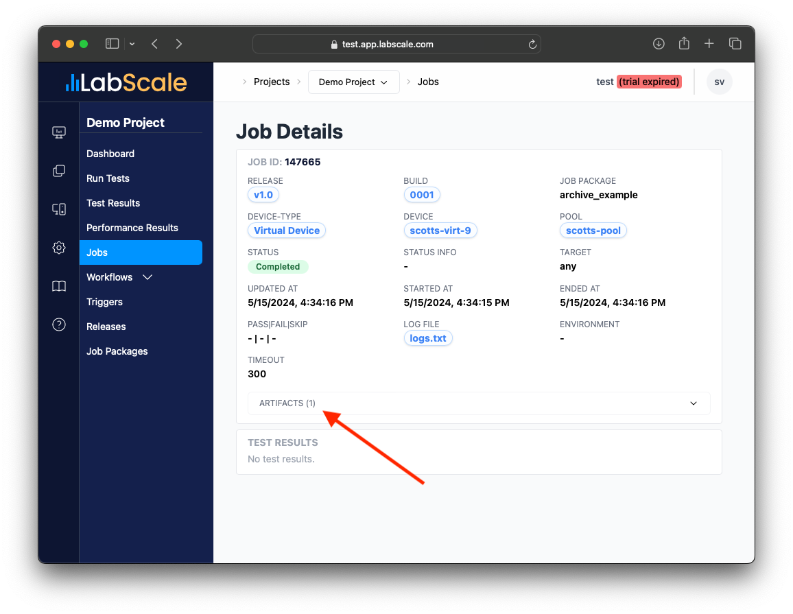 Artifacts location in Job page